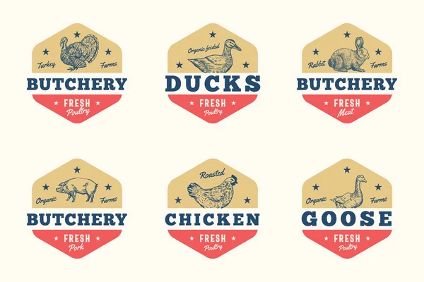 Farm Meat and Poultry Abstract Vector Signs, Symbols or Logo Templates Set. Hand Drawn Domestic Animals and Birds Sillhouettes with Retro Typography. Vintage Emblems or Banners. — Stock Vector