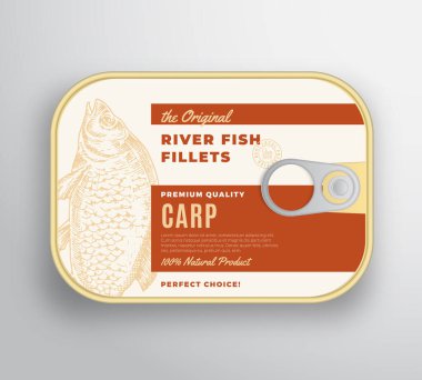 Etiket kapaklı soyut Vector River Balık Bifteği Alüminyum Kutusu. Premium Konserve Paket Tasarımı. Retro Typography and Hand Drawn Carp Siluet Arka plan Düzeni.
