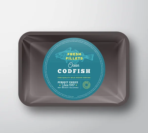 Okyanus Morina Bifteği. Soyut Vektör Balık Plastik Tepsisi, Selofan Kapaklı Kapak Tasarım Yuvarlak Etiketi veya Etiket. Retro Typography and Hand Drawn Codfish Siluet Arka plan Düzeni. — Stok Vektör