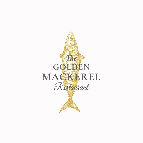 Die Goldene Makrele Restaurant Abstraktes Vektorzeichen, Symbol oder Logo-Vorlage. Elegante Makrelen-Zeichnungsskizze mit edler Retro-Typografie. Vintage Luxus Emblem. — Stockvektor