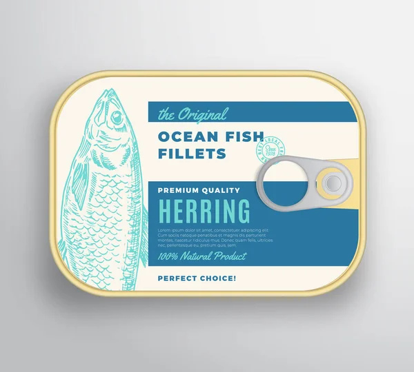 Abstract Vector Ocean Fish Fillets Aluminium Container with Label Cover. Premium Canned Packaging Design. Retro Typography and Hand Drawn Herring Silhouette Background Layout. — Stock Vector