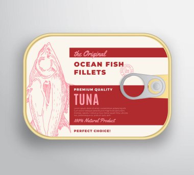 Etiket kapaklı soyut vektör okyanus balığı filetosu alüminyum kap. Premium Konserve Paket Tasarımı. Retro Typography and Hand Drawn Tuna Siluet Arkaplan Düzeni.