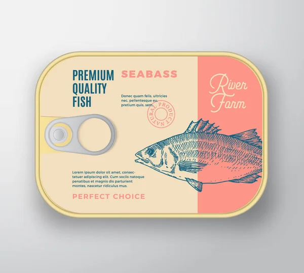 Abstrakter Vector Fisch Aluminiumbehälter mit Etikettendeckel. Retro Premium Dosenverpackungen Design. Moderne Typografie und handgezeichnete Seebass-Silhouette Hintergrundgestaltung. — Stockvektor