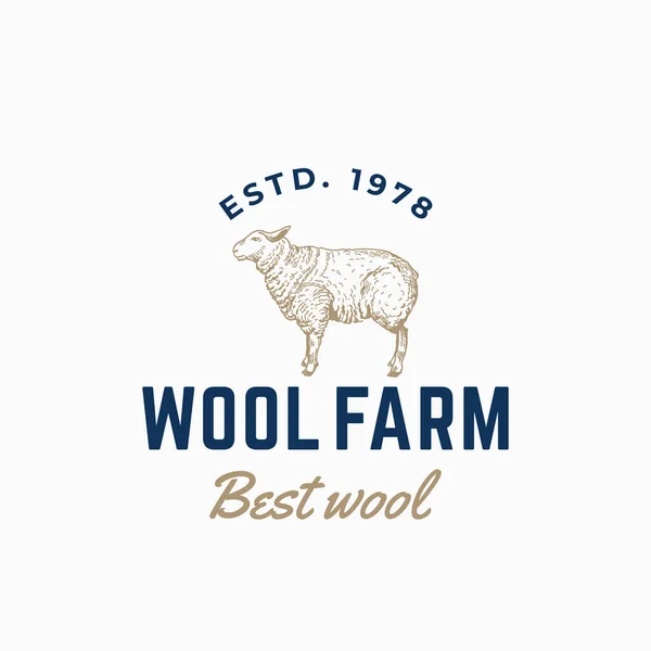 Wolle Farm Abstraktes Vektorzeichen, Symbol oder Logo-Vorlage. Handgezeichnete Gravur Stil Schaf Sillhouette mit Retro-Typografie. Vintage-Emblem. — Stockvektor