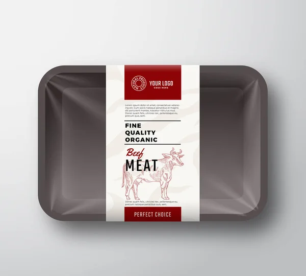 Fine Quality Beef Meat. Abstract Vector Plastic Tray Container with Cellophane Cover. Packaging Design Label. Modern Typography and Hand Drawn Cow Sketch Background Layout. — Stock Vector