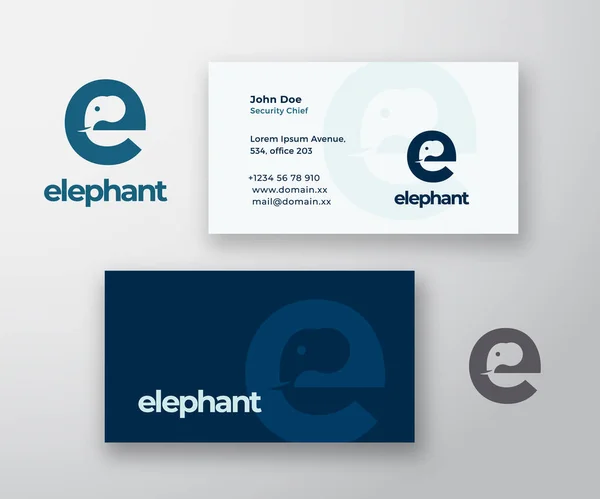 Elephant Abstract Vector Logo und Visitenkartenvorlage. Elefantenkopf im Buchstaben-E-Konzept mit moderner Typografie. Premium Stationäre realistische Attrappe. — Stockvektor