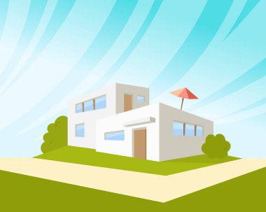 Yeşil Çim ve Şemsiyeli Düz Tarz Modern Mimarlık Evi. Perspektif Görünümünde Vektör Manzarası Çizimi. Gökyüzü Arkaplan Bina İllüstrasyonu.