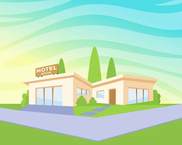 Motel de arquitectura moderna de estilo plano con césped verde y árboles. Dibujo de paisaje vectorial en la vista de perspectiva. Cielo Fondo Casa Ilustración . — Vector de stock