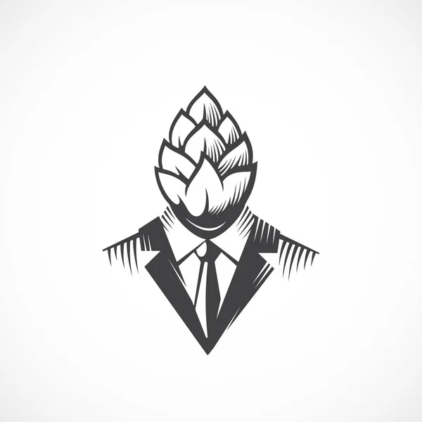 Etichetta, logo o illustrazione del luppolo di birra di qualità premium. Uomo in giacca e cravatta con faccia e testa di luppolo. Emblema del concetto creativo. Isolato — Vettoriale Stock
