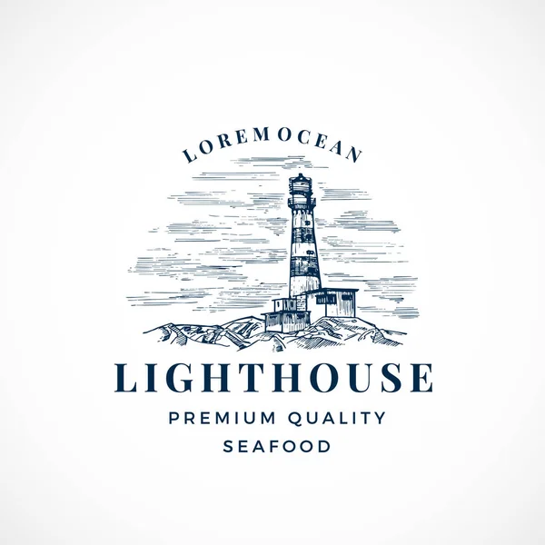 Modèle de signe vectoriel abstrait, de symbole ou de logo du phare. Projecteur Tour Paysage Dessin Croquis avec Typographie Rétro. Style de gravure vintage emblème de bâtiment nautique. — Image vectorielle