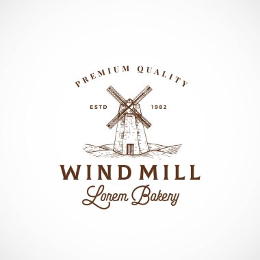 Rüzgâr Değirmeni Fırını Soyut Vektör İşareti, Sembol veya Logo Şablonu. Windmill Çizim ve Retro Typography ile çizim yap. Klasik Lüks Amblem.