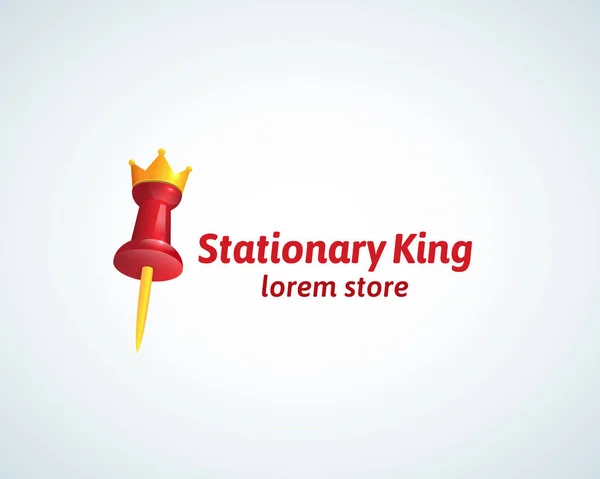Stationary King Absrtract Vector Sign, Symbol or Logo Template. Red Pin with a Golden Crown Realistic Gradient Symbol with Modern Typography. — Stock Vector