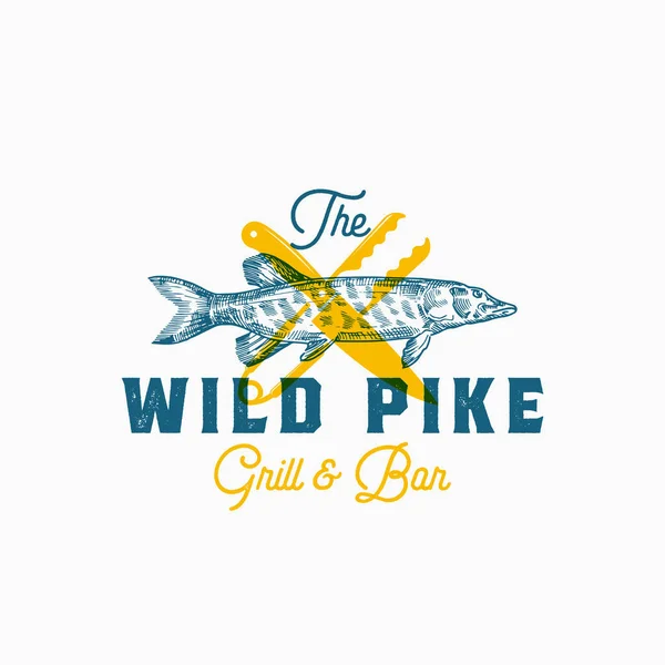 O Wild Pike. Sinal de vetor abstrato, símbolo ou modelo de logotipo. Peixe Pike desenhado à mão com faca e pinças e tipografia retro elegante. Emblema vetorial vintage com efeito de impressão retrô . — Vetor de Stock