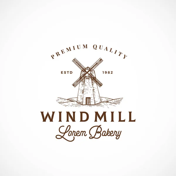 Wind Mill Bakery Abstract Vector Sign, Symbol or Logo Template. Sketch Landscape with Windmill Drawing and Retro Typography. Vintage Luxury Emblem. — Stock Vector