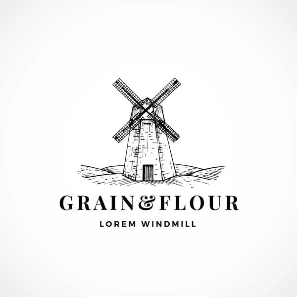 Grain and Flour Abstract Vector Sign, Symbol or Logo Template. Hand Drawn Windmill Sketch Illustration and Retro Typography. Vintage Luxury Emblem. — Stock Vector