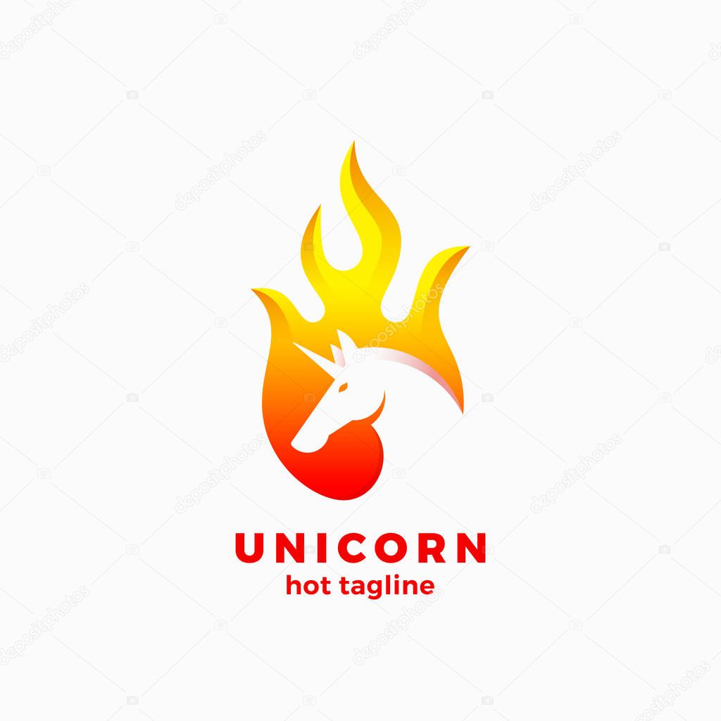 Unicorn in a Flame Shape Abstract Vector Sign, Symbol or Logo Template. Negative Space Unicorn Sillhouette with Modern Typography. Creative Vector Emblem. Isolated.