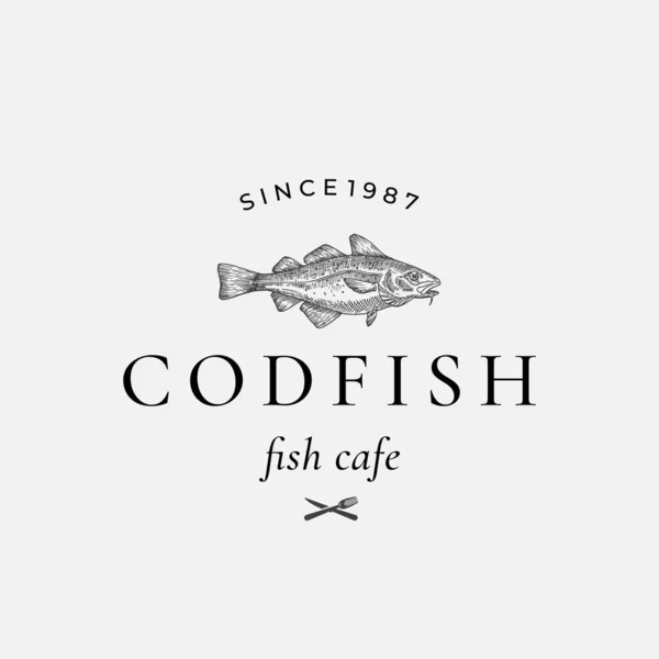Codfish Abstract Vector Sign, Symbol or Logo Template (em inglês). Peixe de bacalhau desenhado à mão com tipografia retrô elegante. Ícone de garfo e faca. Vintage Vector Emblema . — Vetor de Stock