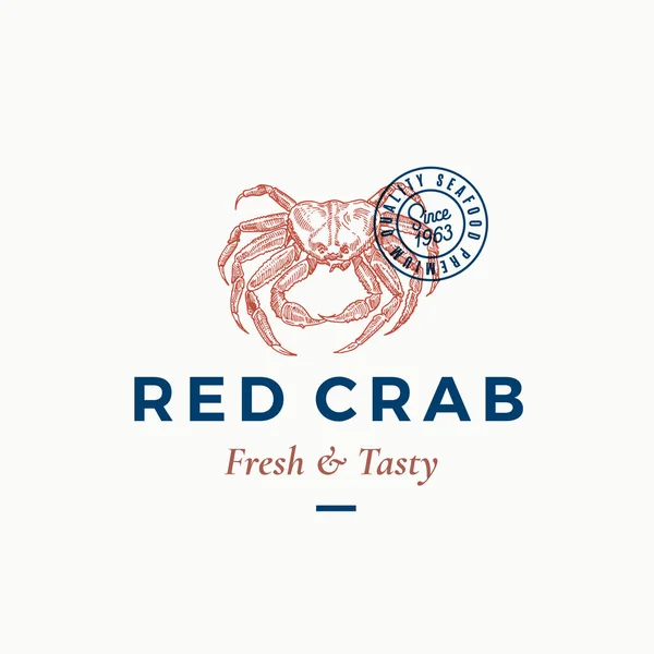 Signe vectoriel abstrait, symbole ou modèle de logo du crabe rouge frais et savoureux. Sillhouette de crabe dessinée à la main avec typographie rétro. Emblème vintage avec timbre. — Image vectorielle