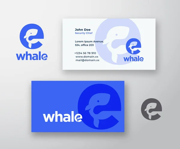 Whale Abstrakt vektor logotyp och visitkort mall. Whale Silhouette Incorporated in the Letter E Concept with Modern Typography. Premium Stationär realistisk modell. — Stock vektor