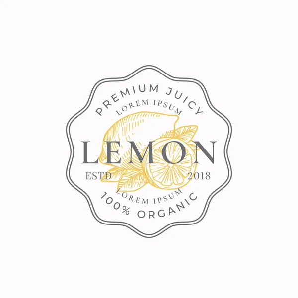 Lemon Badge oder Logo Template. Handgezeichnete Zitronen mit Blättern Skizze mit Retro-Typografie und Bordüren. Vintage Premium Emblem. — Stockvektor