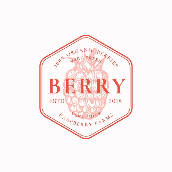 Raspberry Farm Badge o modello di logo. Schizzo a bacche disegnate a mano con tipografia retrò e bordi. Emblema premio vintage. — Vettoriale Stock