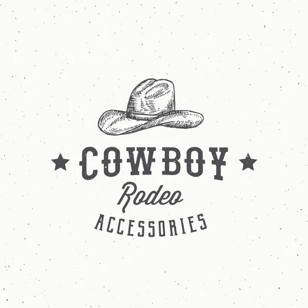 Cowboy Rodeo Accessori Astratto segno vettoriale, simbolo o logo modello. Cowboy Hat Sketch Disegno con tipografia retrò e texture shabby. Emblema o distintivo stile incisione vintage. — Vettoriale Stock