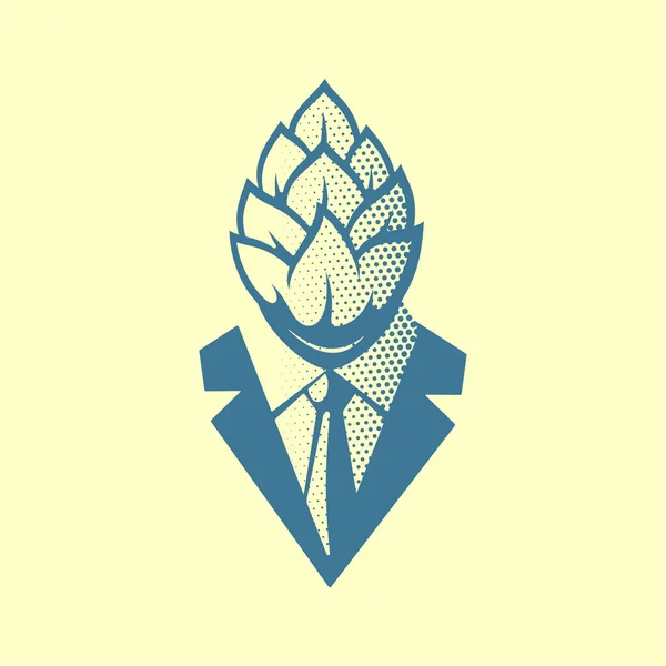 Hop Head Pop Art Etichetta, logo o illustrazione. Uomo in giacca e cravatta con la faccia da luppolo. Emblema del concetto creativo. — Vettoriale Stock