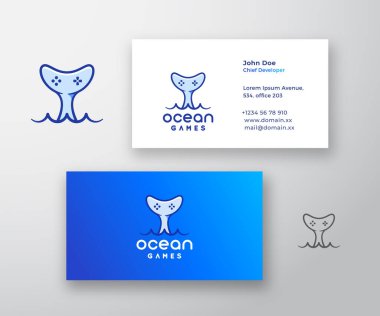 Okyanus Oyunları Soyut Vektör Logosu ve İş Kartı Şablonu. Balina Kuyruğu İçinde Av Alanı Simgesi Şirketi. Premium Sabit Gerçekçi Model.