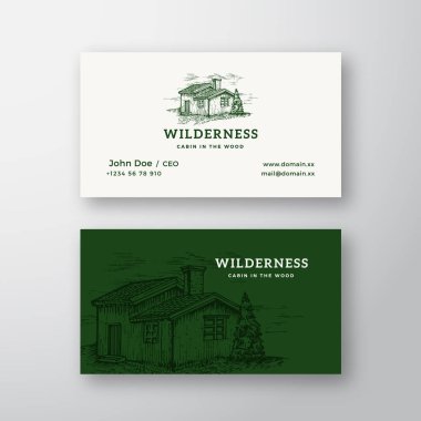 Wilderness Wood Soyut Vintage Vector Logosu ve İş Kartı Şablonu. Geçmişe dönük tipografisi olan zarif ahşap kulübe çizimi. Premium Sabit Gerçekçi Model.