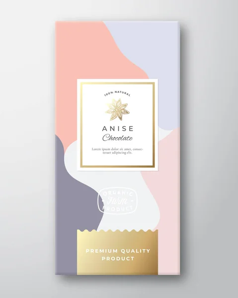 Anise Chocolate Label Abstract Vector Packaging Design Layout with Soft Realist Shadows Modern Typography, Hand Drawn Anise Spice Star Silhouette and Colorful Background. — стоковий вектор