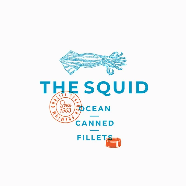 Squid Ocean Canned Fillets. Tanda Vektor Abstrak, Simbol atau Templat Logo. Hand Drawn Squid Illustration dengan Tipografi Modern. Emblem Kualitas Vektor Premium. - Stok Vektor