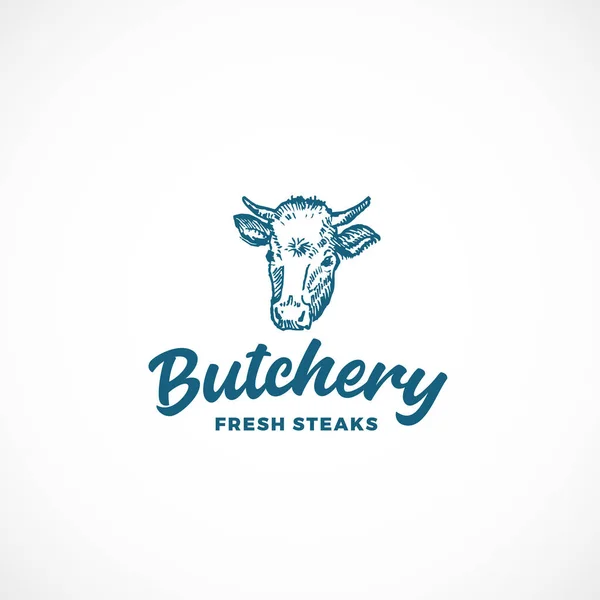 Fresh Steak Butchery Abstract Vector Sign, Symbol or Logo Template. 핸드 드래프트 (Hand Drawn Engraving Style Cow Face) 또는 인트로 타이포그래피 (Retro Typography). 빈티지 엠블렘. — 스톡 벡터