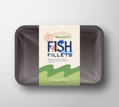 Balık fileto paketi. Soyut Vektör Balık Plastik Tepsi kabı ve selofan kapağı. Paketleme Tasarım Etiketi. Renkli elementlerin düzeniyle Modern Tipografi El Çizimi Uskumru Silueti.