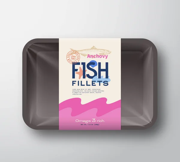 Πακέτο φιλέτων ψαριών. Αφηρημένη Vector Fish πλαστική θήκη δοχείο με κάλυμμα σελοφάν. Ετικέτα σχεδιασμού συσκευασίας. Σύγχρονη Τυπογραφία Χέρι Σχεδιασμένο Anchovy Silhouette με πολύχρωμα στοιχεία Διάταξη. — Διανυσματικό Αρχείο