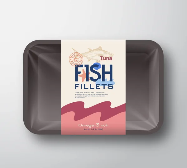 Paquete de filetes de pescado. Recipiente abstracto de bandeja de plástico Vector Fish con cubierta de celofán. Etiqueta de diseño de embalaje. Silueta de atún dibujada a mano de tipografía moderna con diseño de elementos coloridos. — Vector de stock