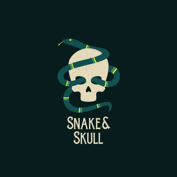 Serpiente y cráneo Muestra de vector abstracto, símbolo o plantilla de logotipo. Ilustración de estilo plano. Fondo negro y texturas Shabby — Vector de stock