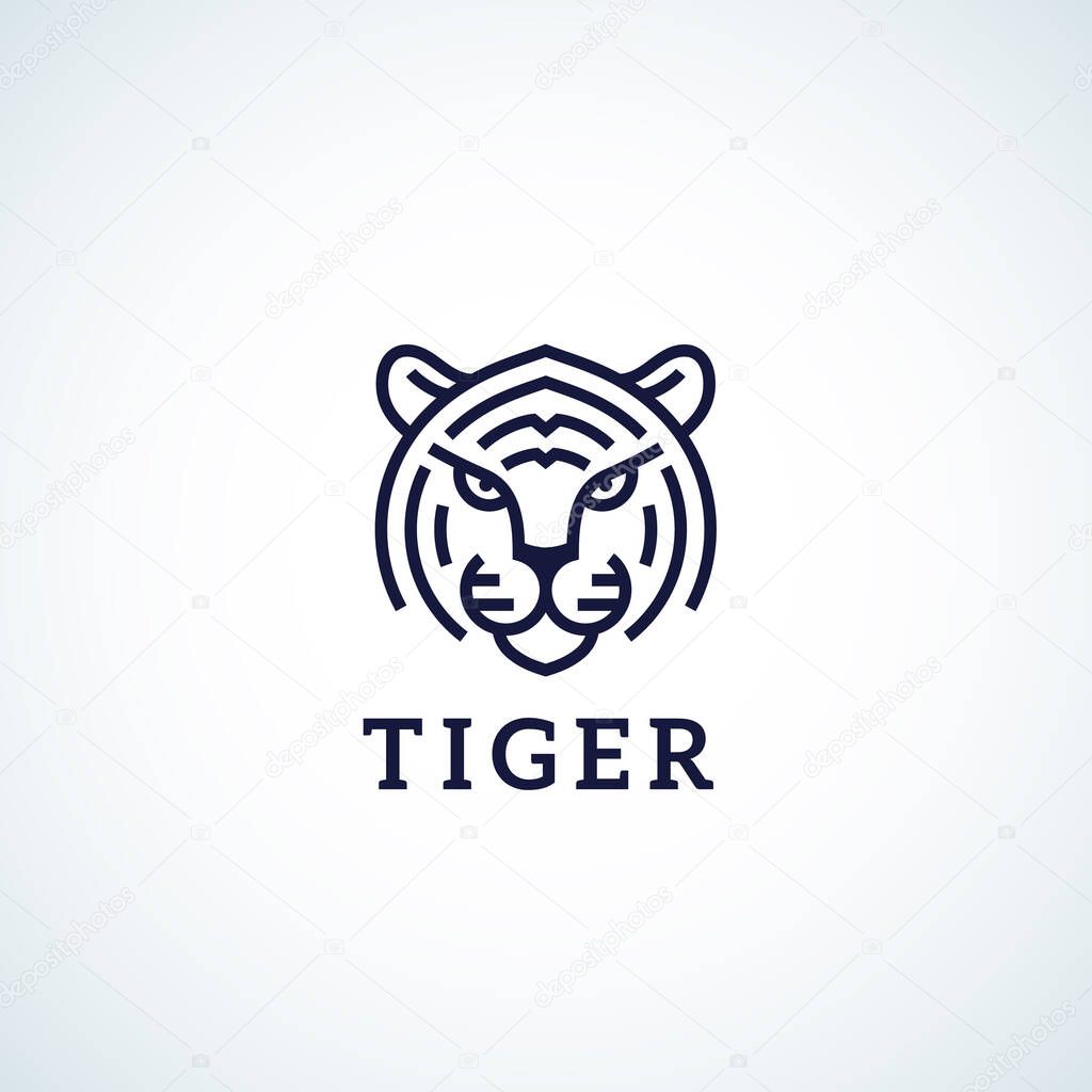 Line Style Tiger Face Abstract Vector Icon, Symbol or Logo Template. Wild Animal Head Sillhouette with Typography. Creative Predator Emblem. Isolated.
