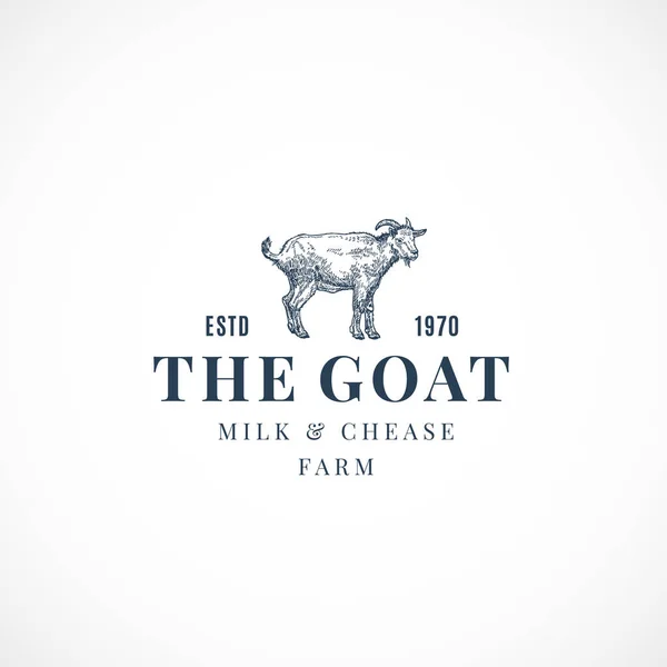La fattoria del latte e del formaggio di capra Segno astratto del vettore, simbolo o logo. Illustrazione di schizzo di capra disegnata a mano con tipografia retrò. Emblema vintage. — Vettoriale Stock