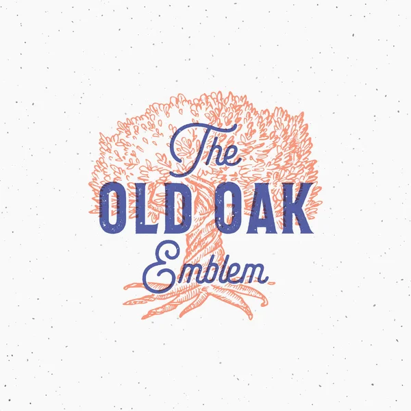 Old Oak Soyut Vektör İşareti, Sembol veya Logo Şablonu. Retro tipografisi olan el yapımı meşe ağacı çizimi silüeti. Kalitesiz desenli klasik amblem. — Stok Vektör