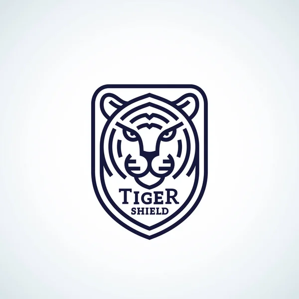 Estilo de línea Tigre Escudo facial Resumen Vector Icono, Símbolo o Logo Plantilla. Silueta de cabeza de animal salvaje incorporada en un marco de escudo con tipografía. Emblema de depredador creativo. — Vector de stock