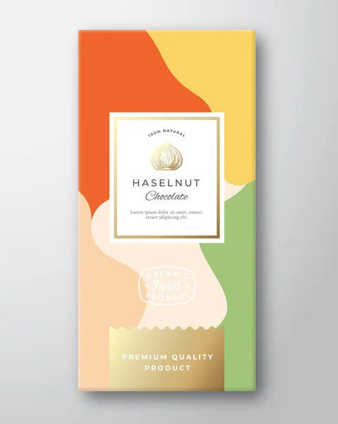 Hazelnut Chocolate Label Abstract Vector Packaging Design Layout with Soft Realist Shadows Сучасна типографія, ручний малюнок силуету та барвисте тло. — стоковий вектор