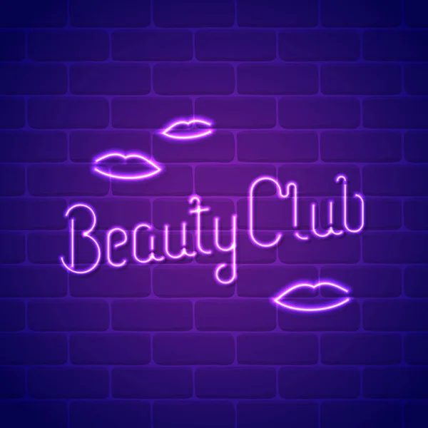 Beauty Club Neon ign Template. Tubos de luz de neón Letras con un fondo de ladrillo vectorial — Vector de stock