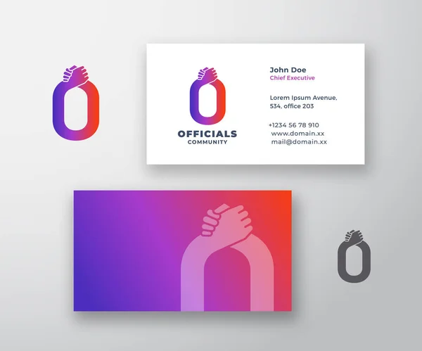 Офіційні особи Абстрактні Векторні Logo і Business Card Template. Friends, Partners or Brothers Handshake Incorporated in the Letter O with Modern Typography Преміум стаціонарний реалістичний. — стоковий вектор