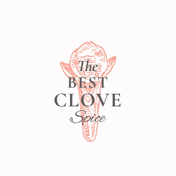 Best Clove Spices Abstrakcyjny znak wektorowy, symbol lub szablon logo. Ręcznie rysowane szkice Kwiat rękawiczki z Retro Typografia. Vintage luksusowe godło. — Wektor stockowy