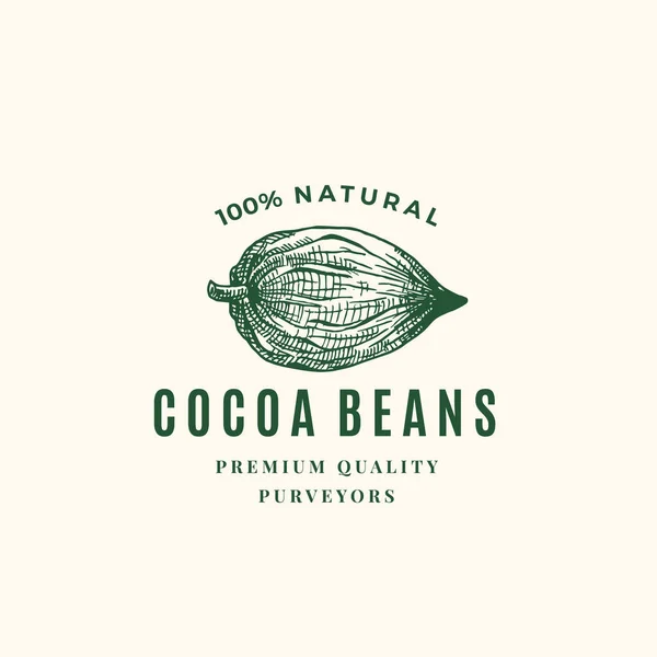 Natürliche Kakaobohnen Abstraktes Vektorzeichen, Symbol oder Logo-Vorlage. Handgezeichnete Skizze Cacao Bean Sillhouette mit Retro-Typografie. Vintage Luxus Emblem. — Stockvektor