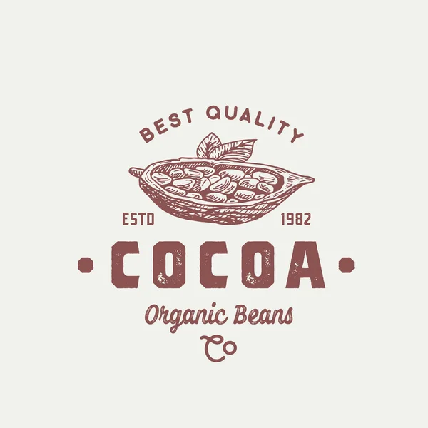 Organic Cocoa Beans Abstract Vector Sign, Symbol oder Logo Template. Handgezeichnete Skizze mit Retro-Typografie. Vintage verwittertes Emblem. — Stockvektor
