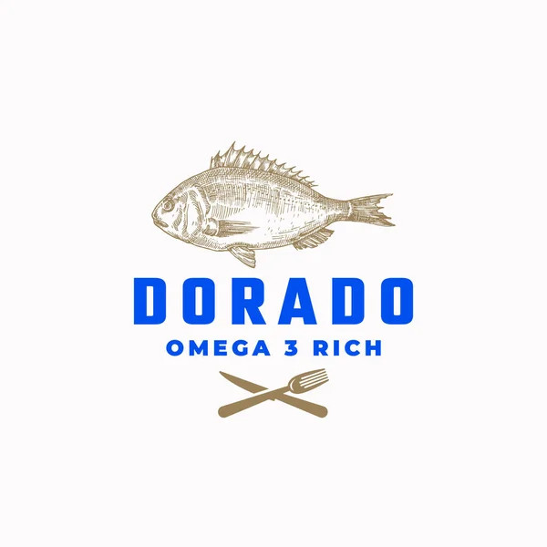 Omega 3 Rich Dorado Fish Abstract Vector Sign, Symbol or Logo Template (em inglês). Desenho à mão Dorada com tipografia moderna. Emblema vetorial. — Vetor de Stock