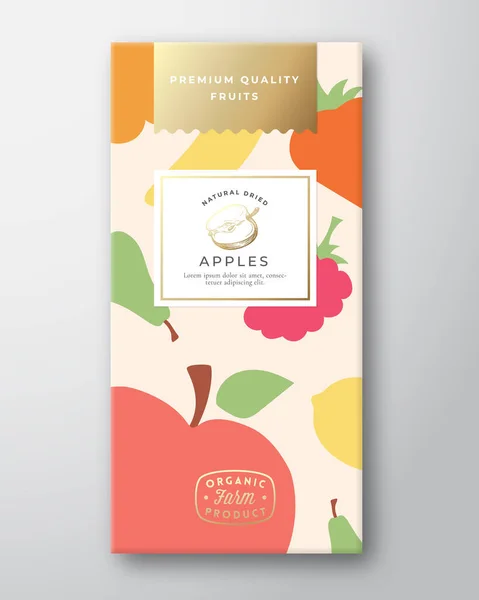 건조 한 과일 포장 디자인 레이아웃. Vector Paper Box with Colorful Fruit and Berries Pattern Background Cover. 현대의 타이포그래피와 손으로 그린 애플. — 스톡 벡터