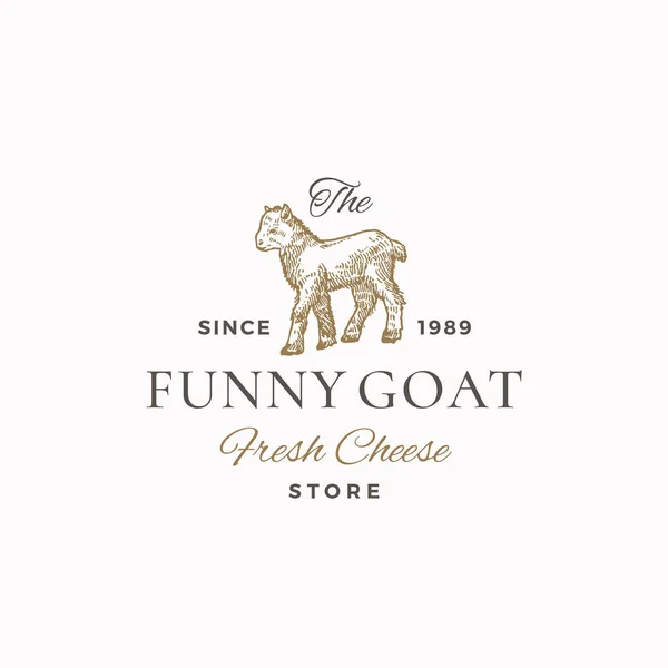 La Funny Goat Abstract Vector Sign, Símbolo o Plantilla Logo. Elegante mano dibujada linda silueta de cabra con tipografía retro. Vintage emblema de vectores de lujo. — Archivo Imágenes Vectoriales