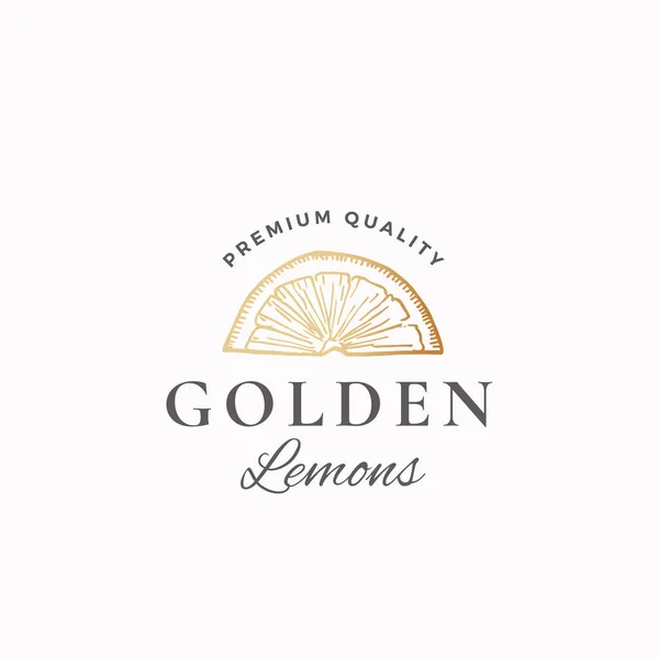 Golden Lemons Signo de vector abstracto, símbolo o plantilla de logotipo. Corte de limón dibujado a mano Sketch Sillhouette con tipografía retro. Emblema de lujo vintage. — Archivo Imágenes Vectoriales